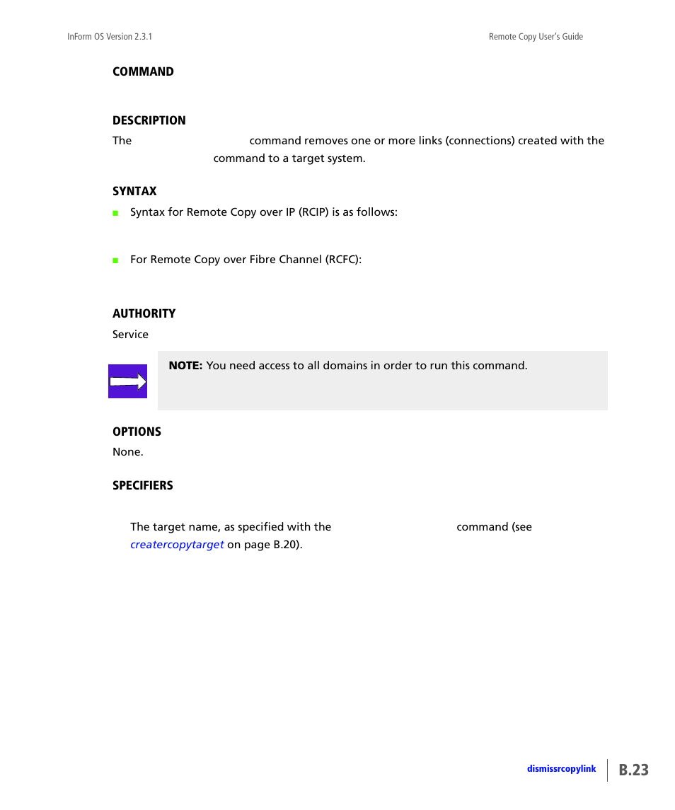 Dismissrcopylink, B.23 | HP 3PAR Remote Copy Software User Manual | Page 159 / 344