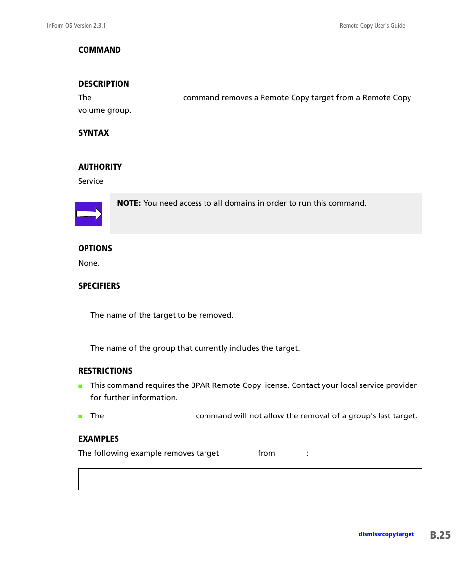 Dismissrcopytarget, B.25 | HP 3PAR Remote Copy Software User Manual | Page 161 / 344