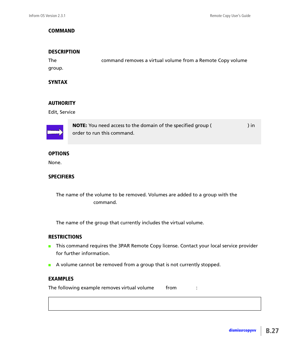 Dismissrcopyvv, B.27 | HP 3PAR Remote Copy Software User Manual | Page 163 / 344