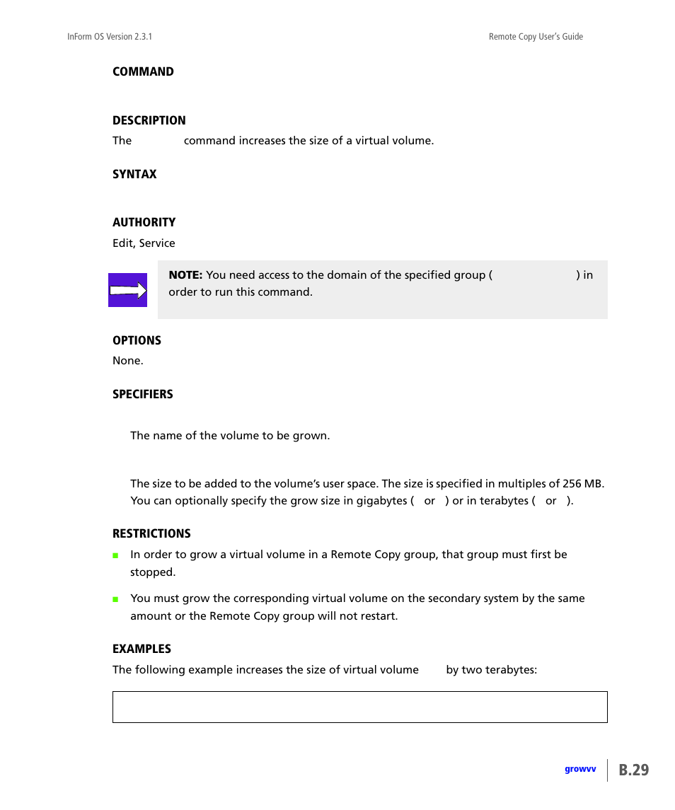 Growvv, B.29 | HP 3PAR Remote Copy Software User Manual | Page 165 / 344