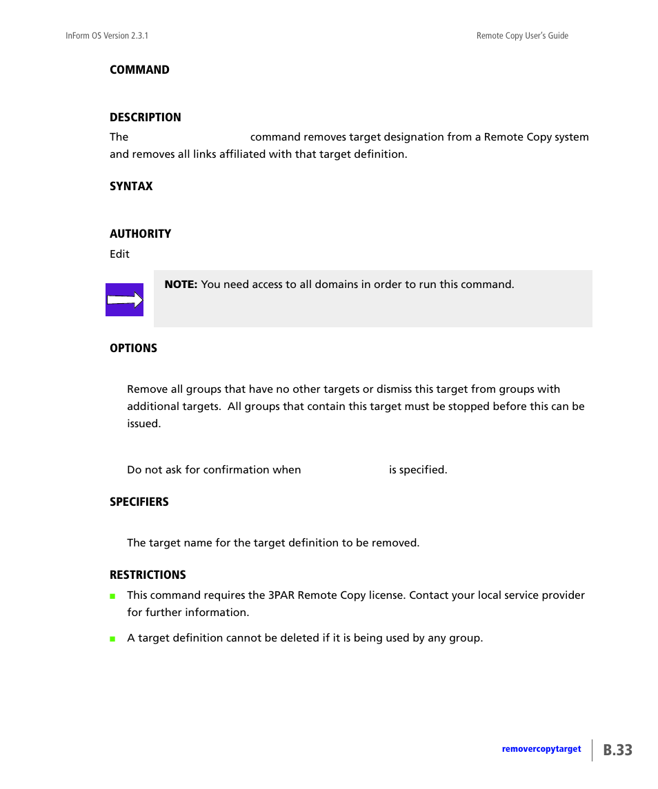 Removercopytarget, B.33 | HP 3PAR Remote Copy Software User Manual | Page 169 / 344
