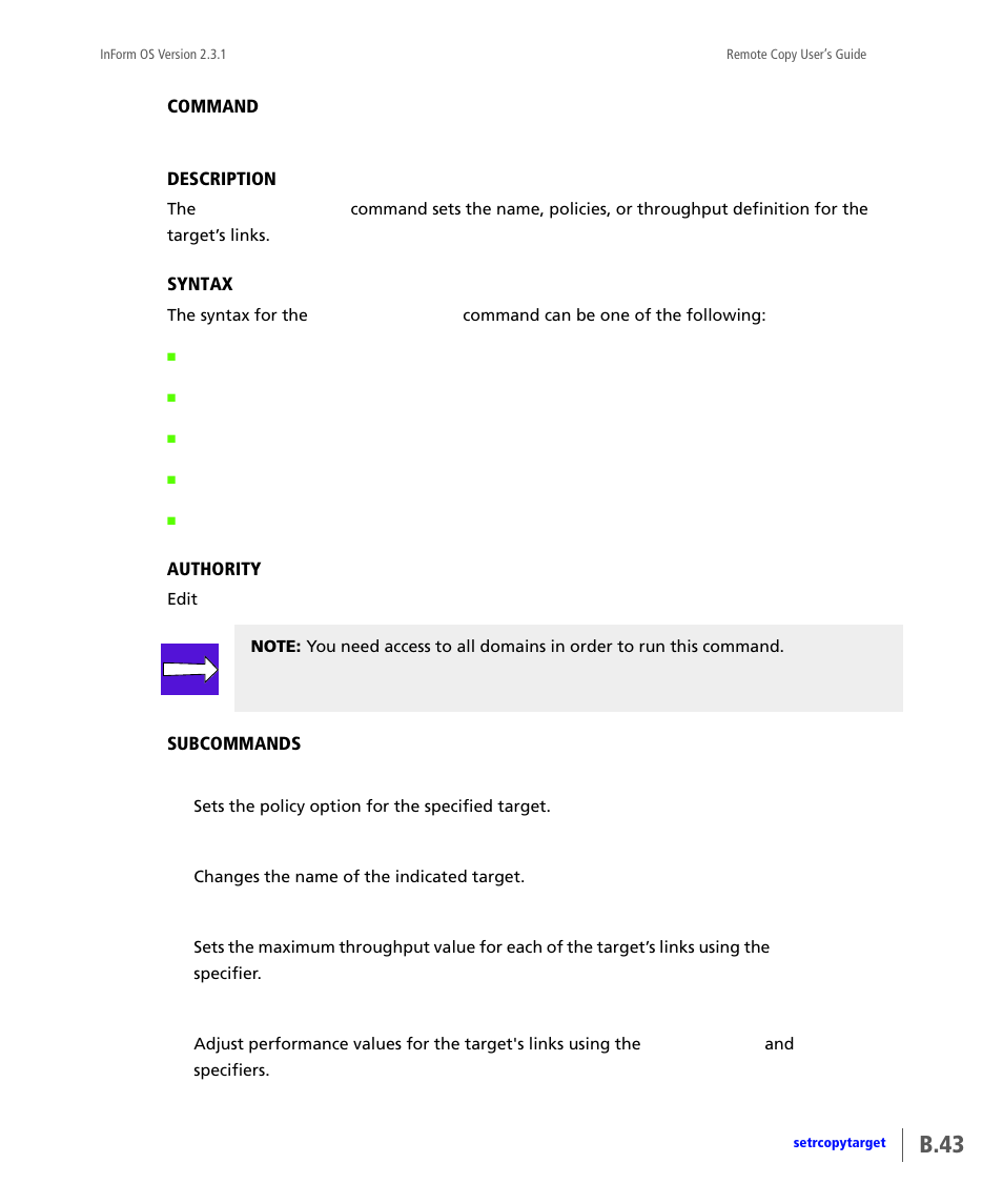 Setrcopytarget, B.43 | HP 3PAR Remote Copy Software User Manual | Page 179 / 344