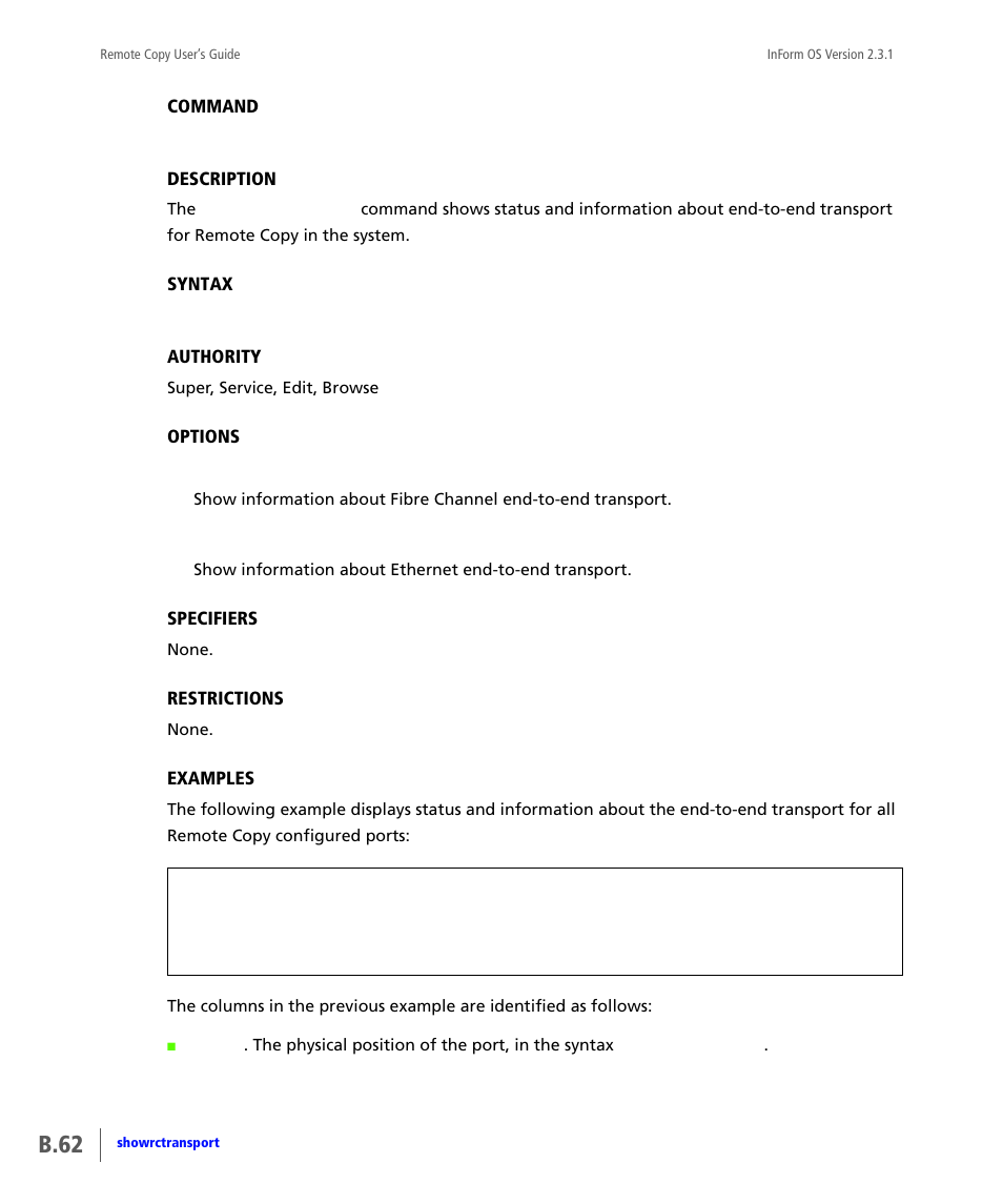 Showrctransport, B.62 | HP 3PAR Remote Copy Software User Manual | Page 198 / 344