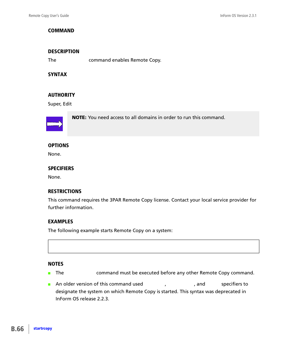 Startrcopy, B.66 | HP 3PAR Remote Copy Software User Manual | Page 202 / 344