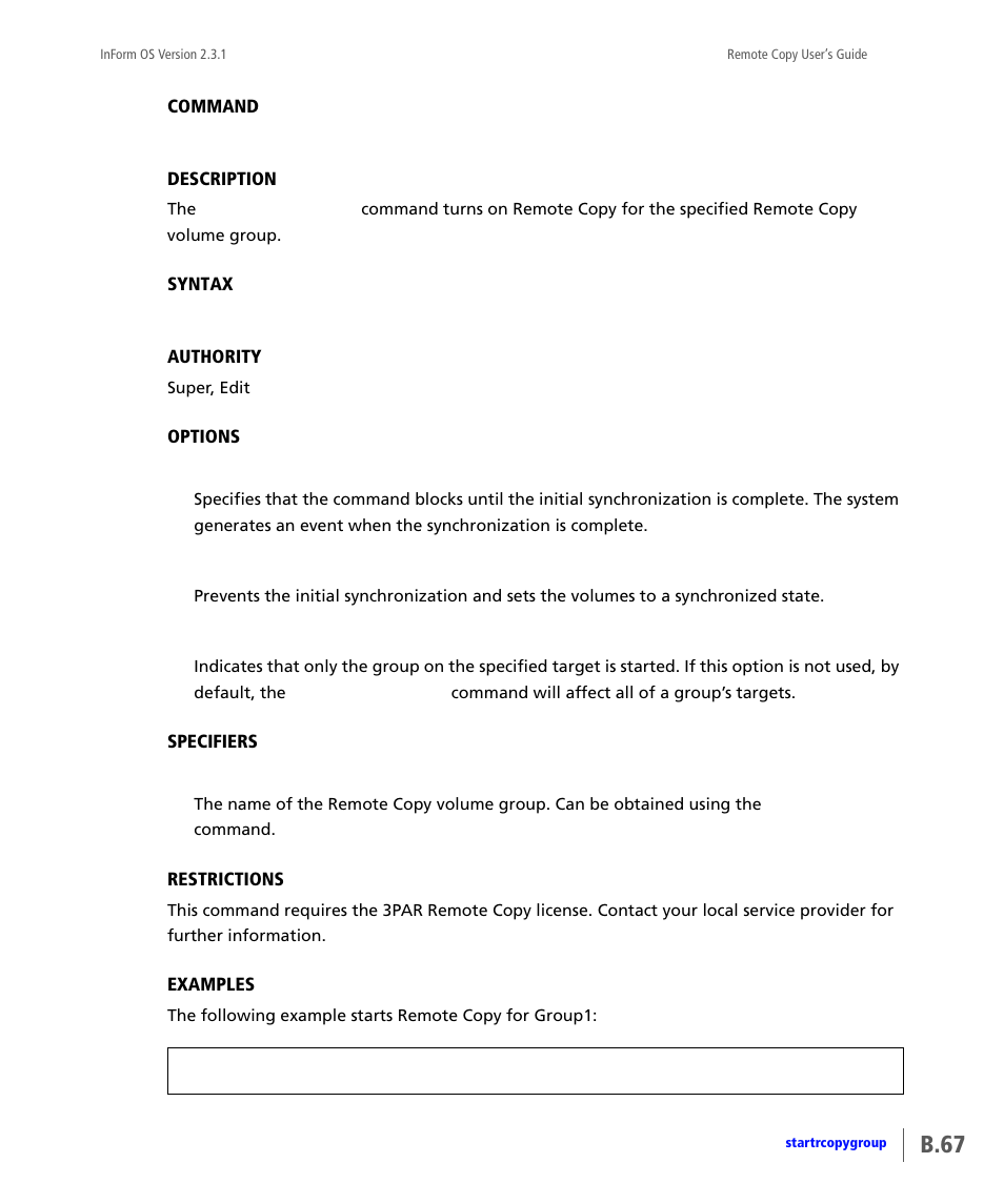 Startrcopygroup, B.67 | HP 3PAR Remote Copy Software User Manual | Page 203 / 344