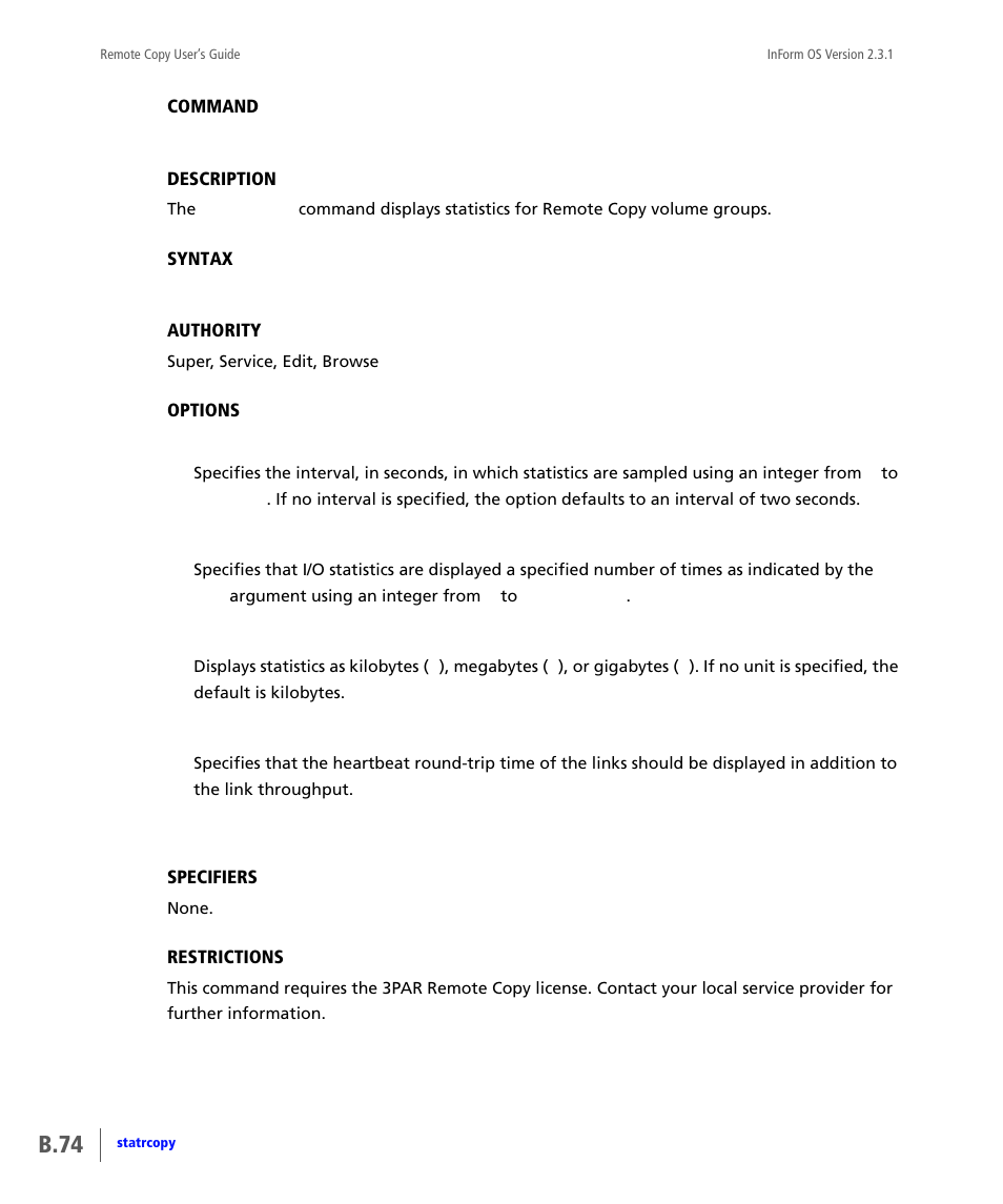 Statrcopy, B.74 | HP 3PAR Remote Copy Software User Manual | Page 210 / 344