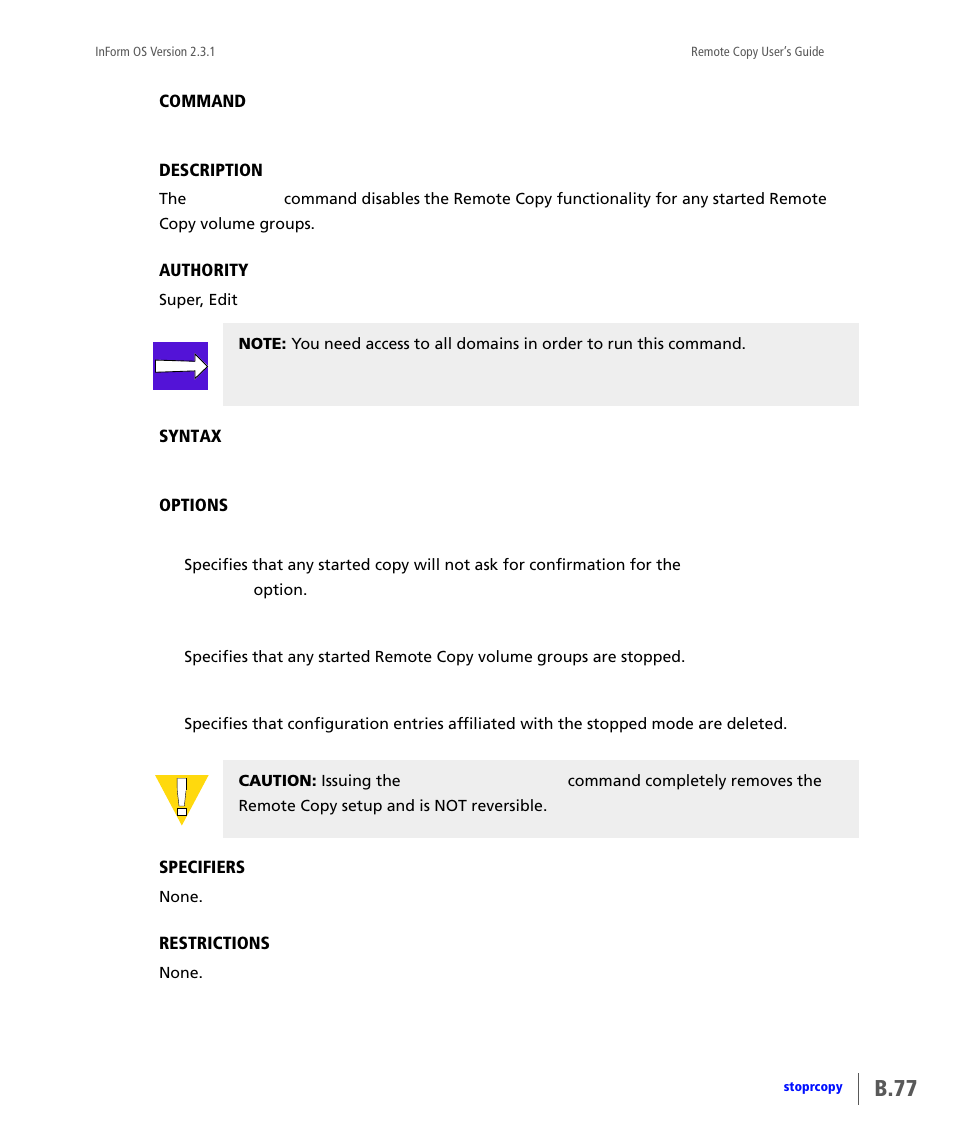 Stoprcopy, B.77 | HP 3PAR Remote Copy Software User Manual | Page 213 / 344