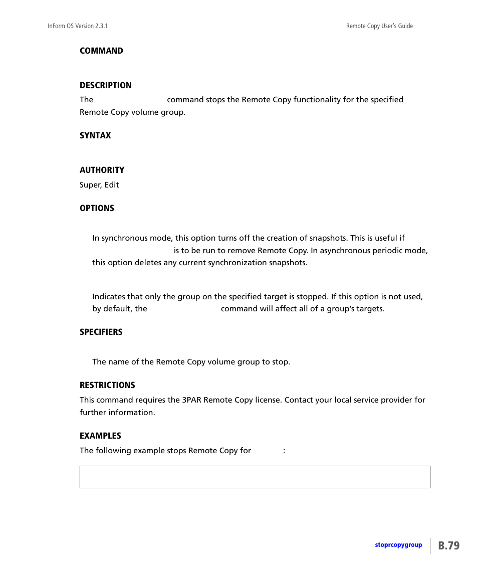 Stoprcopygroup, B.79 | HP 3PAR Remote Copy Software User Manual | Page 215 / 344