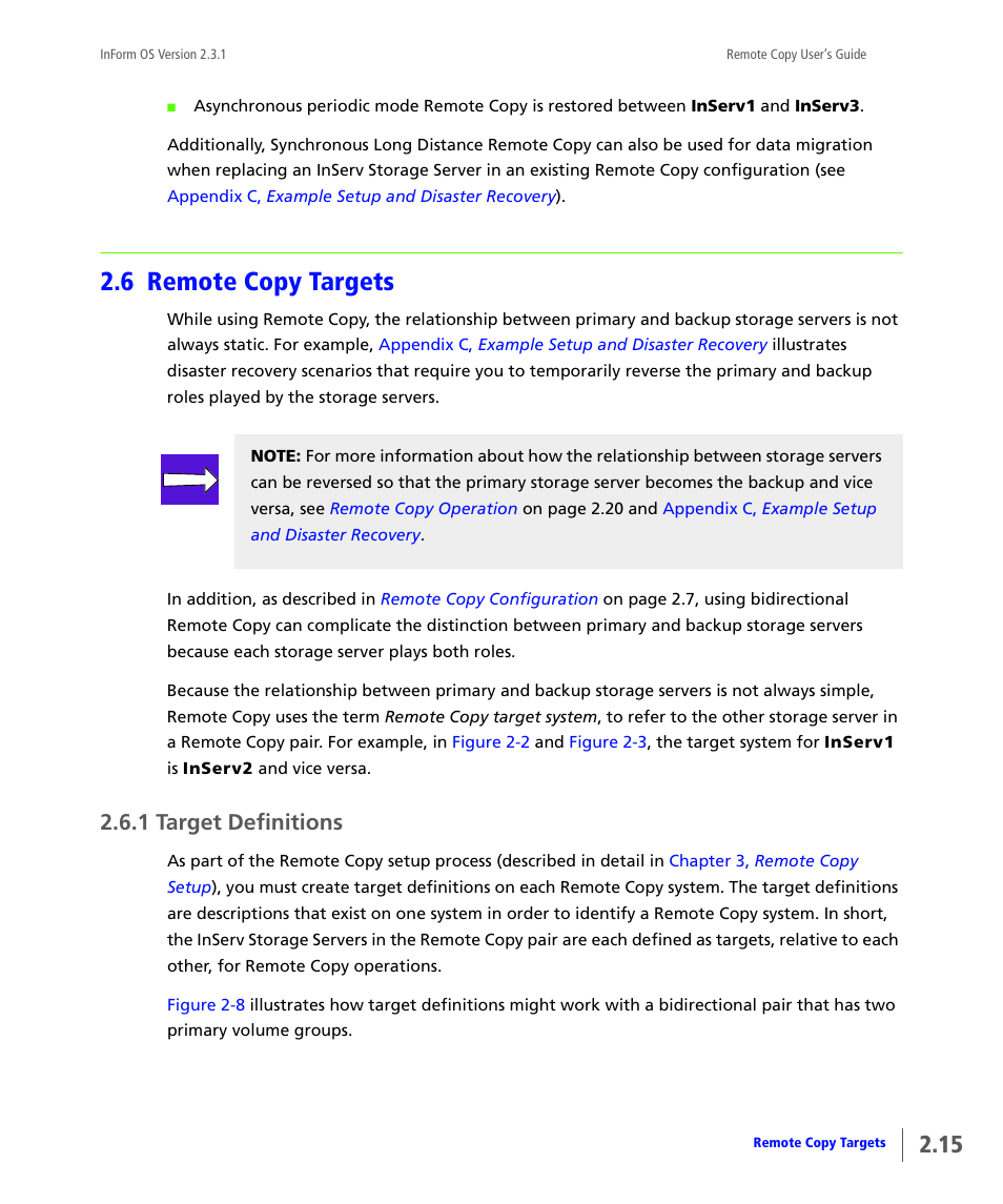 6 remote copy targets, 1 target definitions, Remote copy targets | Target definitions | HP 3PAR Remote Copy Software User Manual | Page 31 / 344