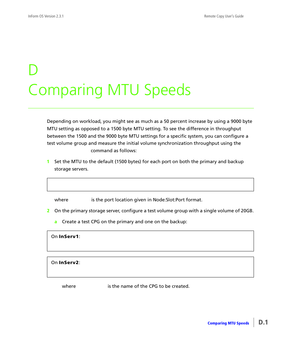 Comparing mtu speeds, Appendix d, comparing mtu speeds, D comparing mtu speeds | HP 3PAR Remote Copy Software User Manual | Page 331 / 344