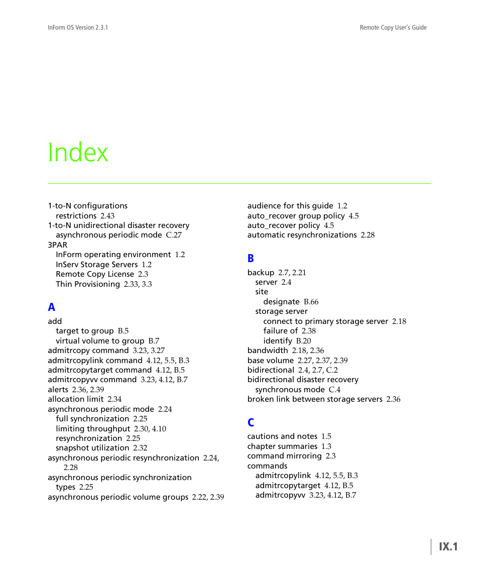 Index, Ix.1 | HP 3PAR Remote Copy Software User Manual | Page 335 / 344