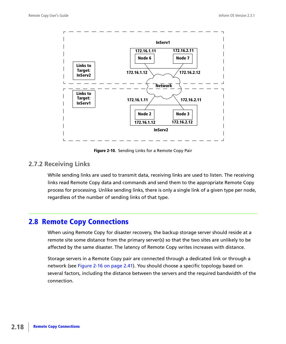 2 receiving links, 8 remote copy connections, Receiving links | Remote copy connections, Figure 2-10 | HP 3PAR Remote Copy Software User Manual | Page 34 / 344