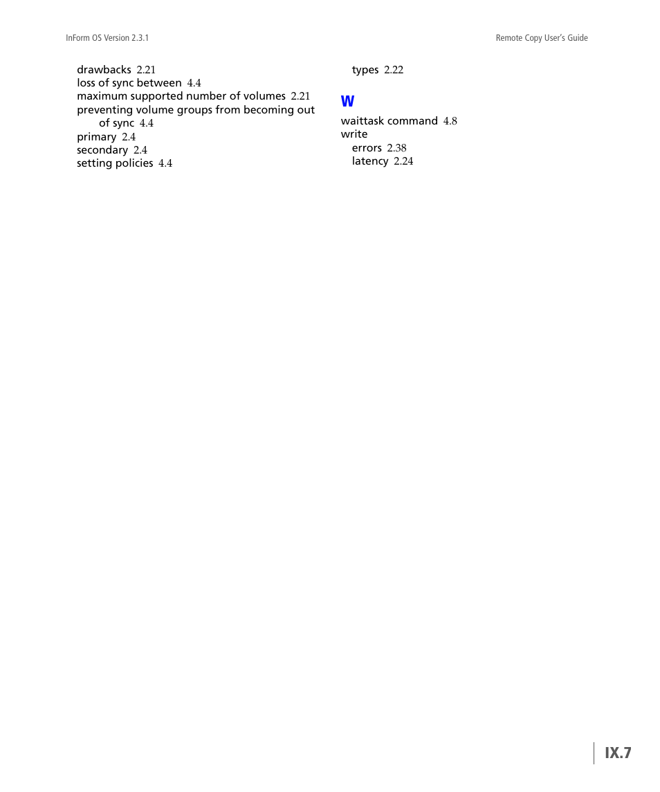 Ix.7 | HP 3PAR Remote Copy Software User Manual | Page 341 / 344