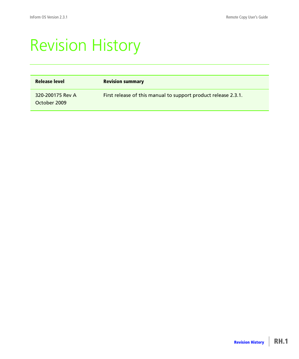 Revision history, Revision history rh.1 | HP 3PAR Remote Copy Software User Manual | Page 343 / 344