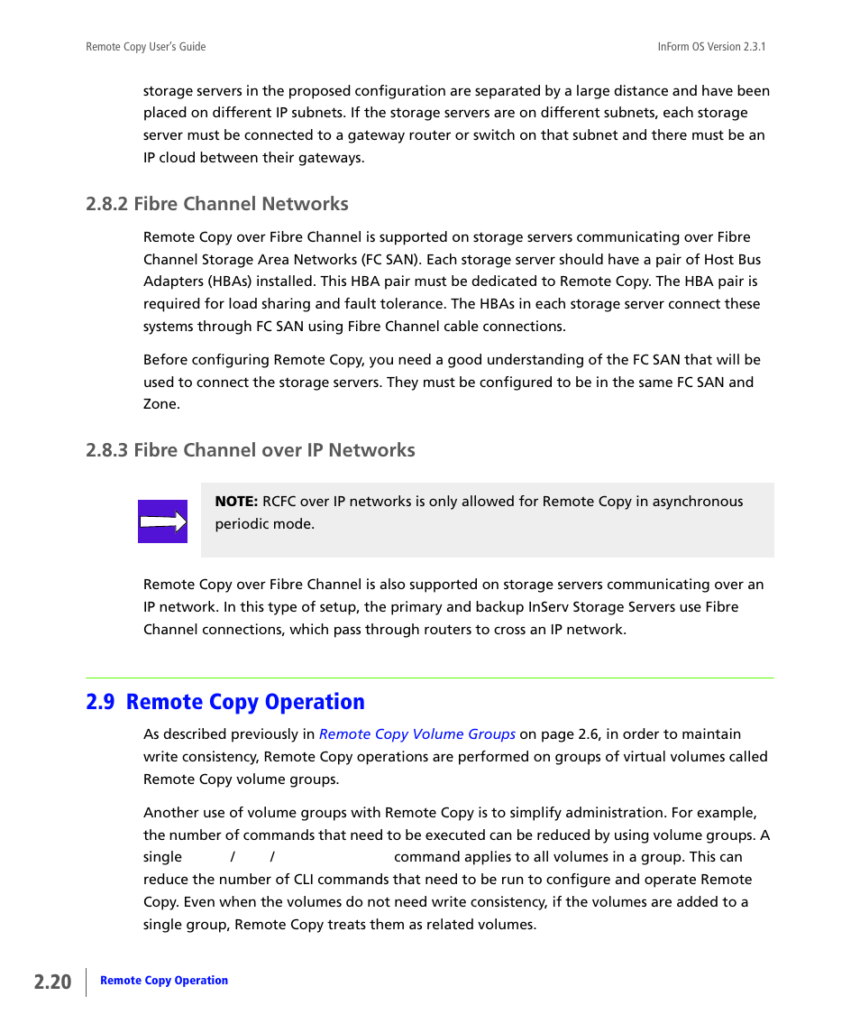 2 fibre channel networks, 3 fibre channel over ip networks, 9 remote copy operation | Fibre channel networks, Fibre channel over ip networks, Remote copy operation | HP 3PAR Remote Copy Software User Manual | Page 36 / 344