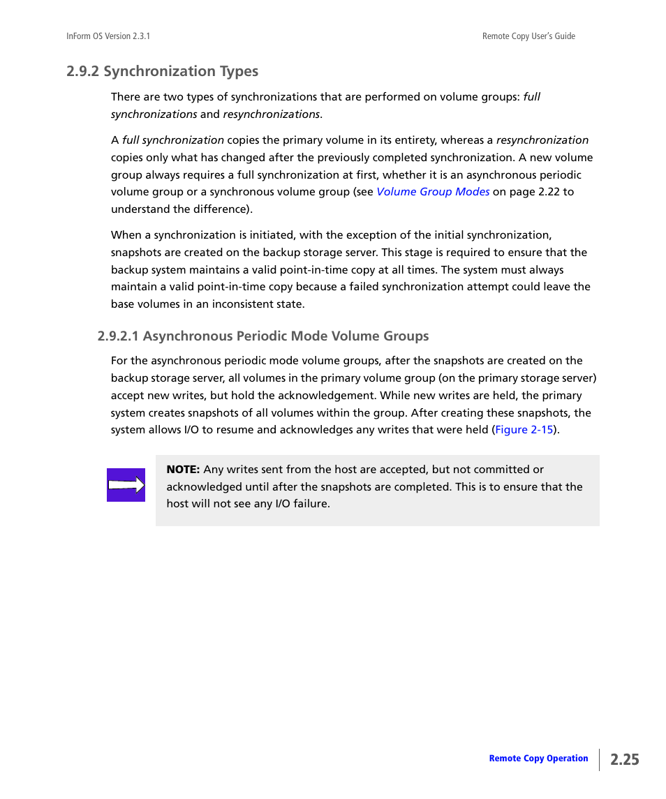 2 synchronization types, Synchronization types, Asynchronous periodic mode volume groups | 1 asynchronous periodic mode volume groups | HP 3PAR Remote Copy Software User Manual | Page 41 / 344