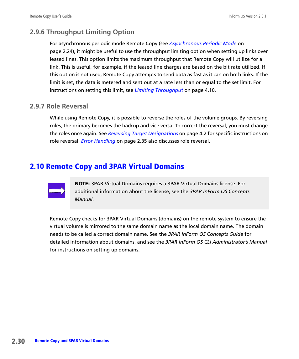 6 throughput limiting option, 7 role reversal, 10 remote copy and 3par virtual domains | Throughput limiting option, Role reversal, Remote copy and 3par virtual domains | HP 3PAR Remote Copy Software User Manual | Page 46 / 344
