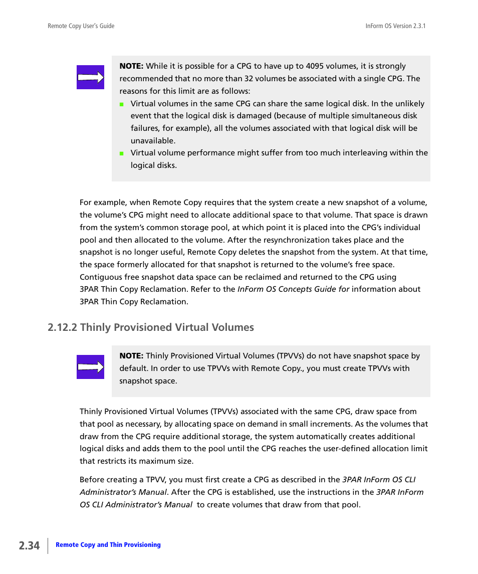 2 thinly provisioned virtual volumes, Thinly provisioned virtual volumes | HP 3PAR Remote Copy Software User Manual | Page 50 / 344