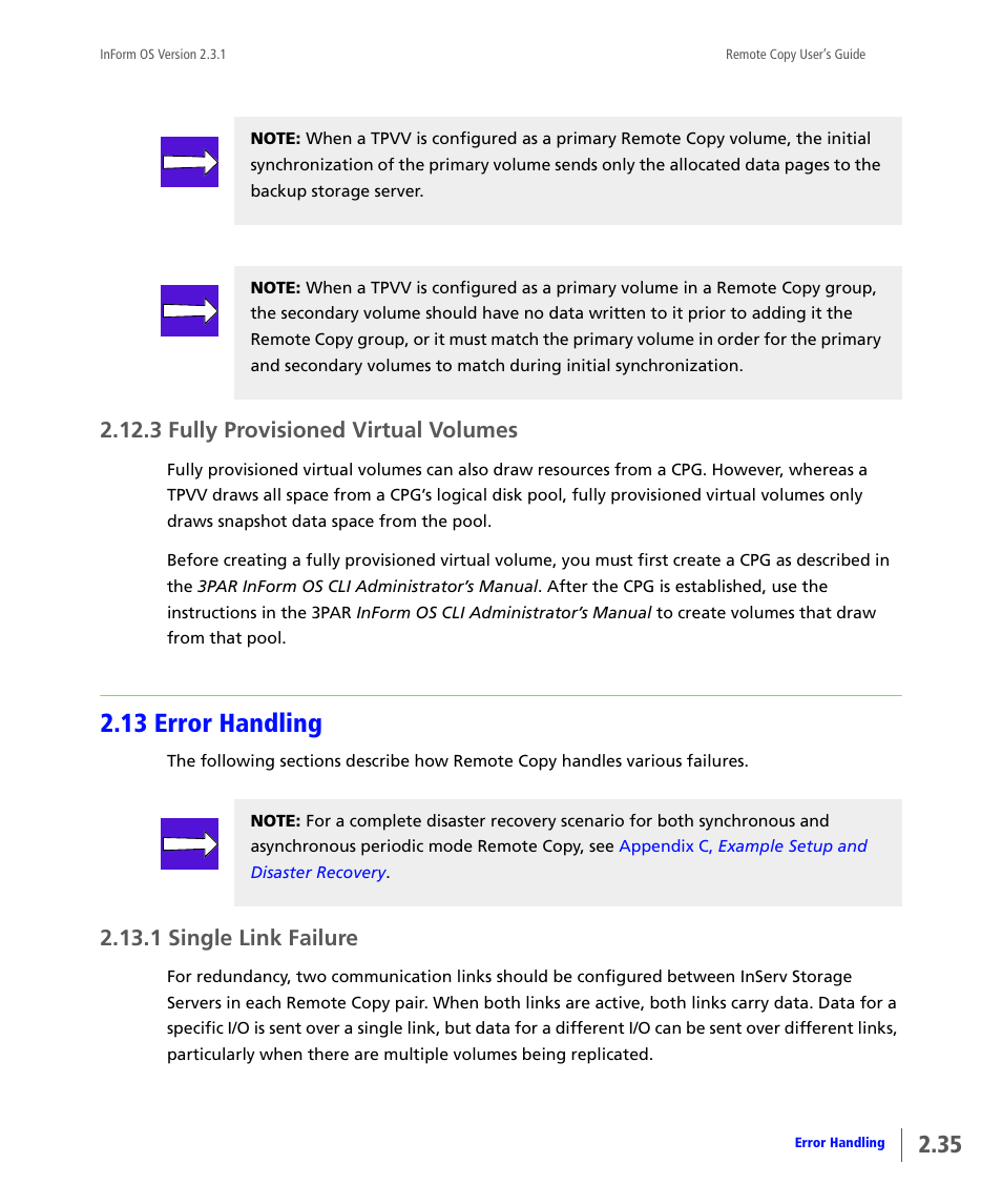 3 fully provisioned virtual volumes, 13 error handling, 1 single link failure | Fully provisioned virtual volumes, Error handling, Single link failure | HP 3PAR Remote Copy Software User Manual | Page 51 / 344
