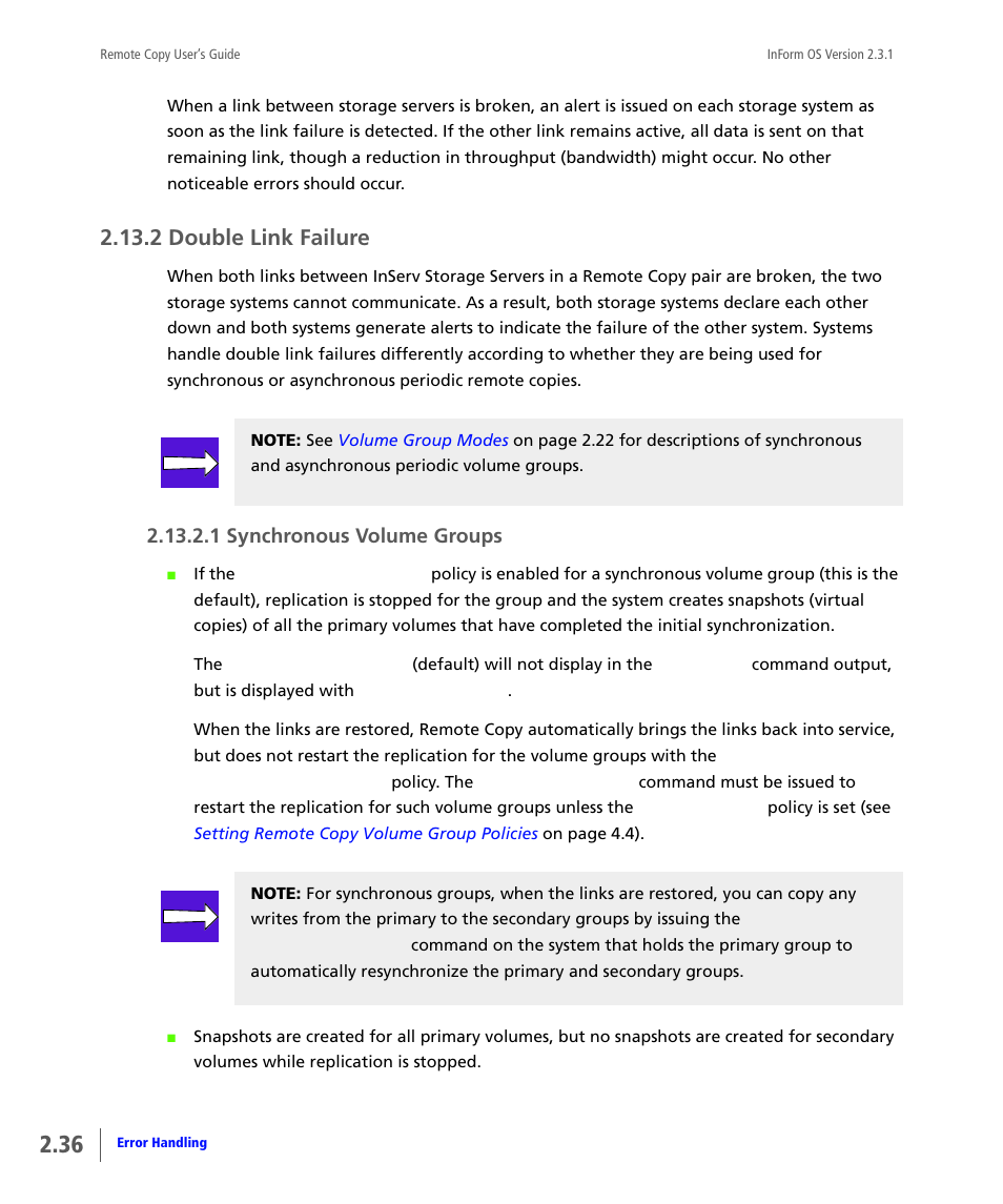 2 double link failure, Double link failure, Synchronous volume groups | 1 synchronous volume groups | HP 3PAR Remote Copy Software User Manual | Page 52 / 344