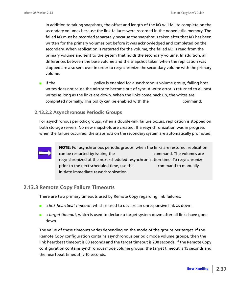 3 remote copy failure timeouts, Asynchronous periodic groups, Remote copy failure timeouts | 2 asynchronous periodic groups | HP 3PAR Remote Copy Software User Manual | Page 53 / 344