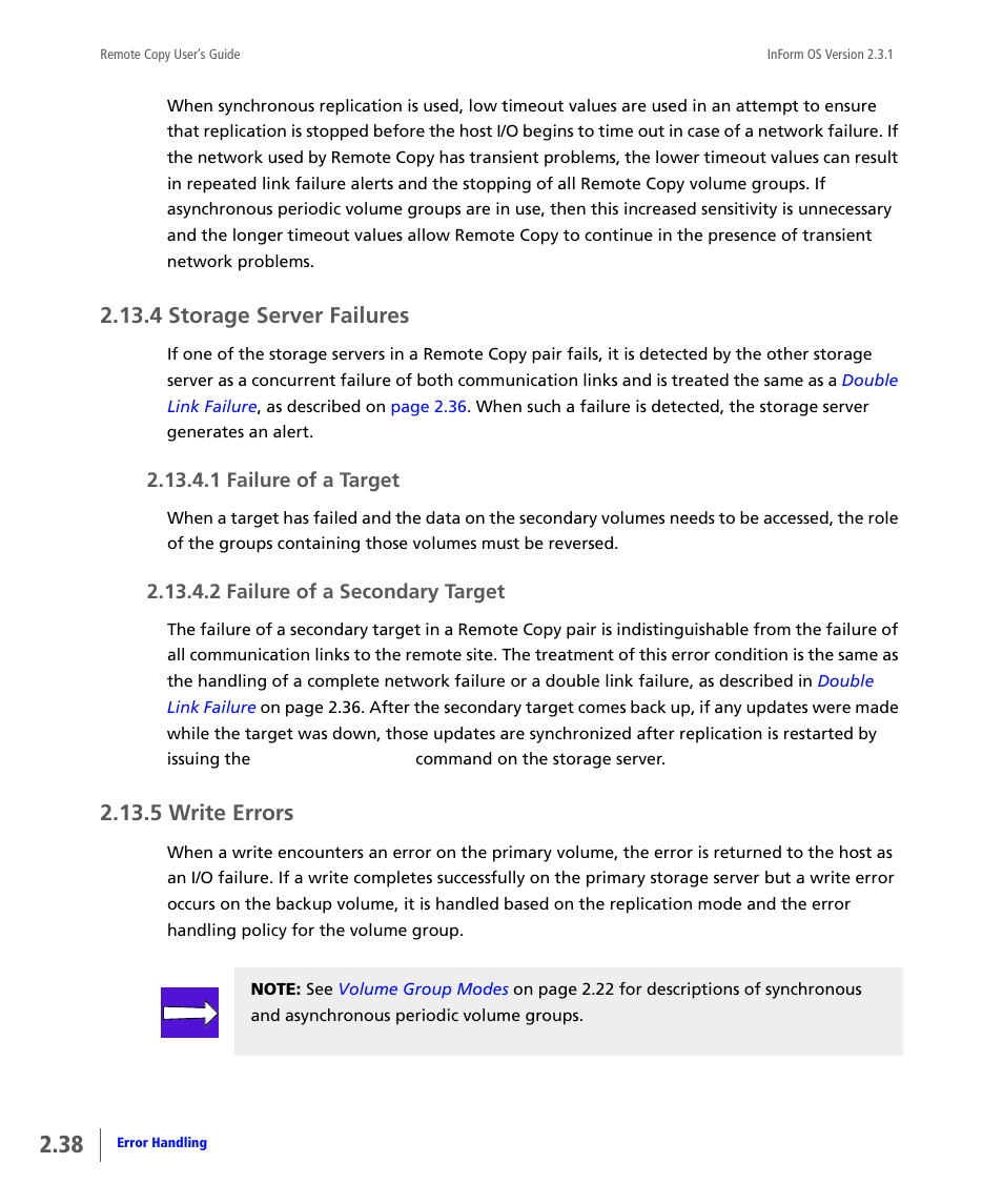 4 storage server failures, 5 write errors, Storage server failures | Failure of a target, Failure of a secondary target, Write errors, 1 failure of a target, 2 failure of a secondary target | HP 3PAR Remote Copy Software User Manual | Page 54 / 344