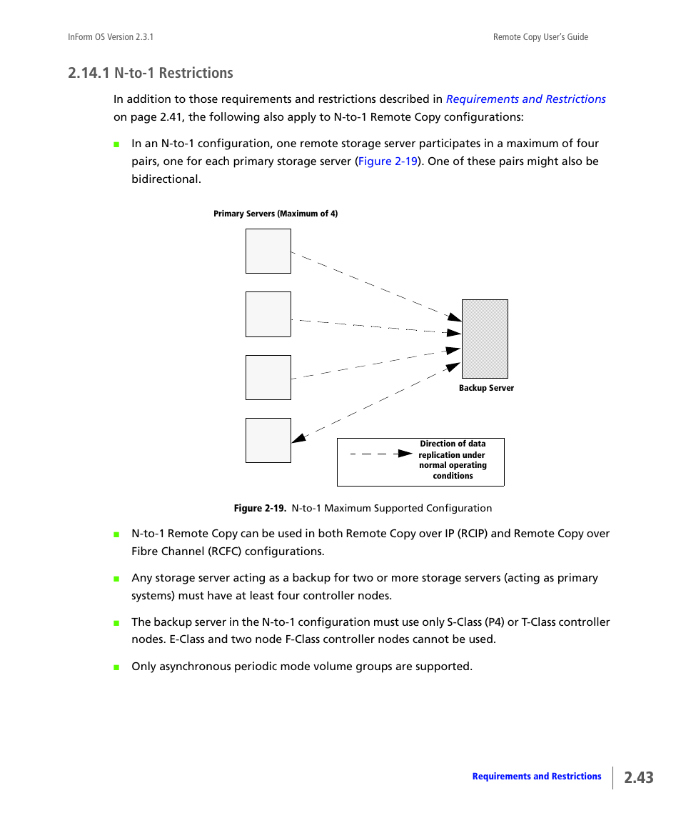 1 n-to-1 restrictions, N-to-1 restrictions, N-to-1 | Restrictions | HP 3PAR Remote Copy Software User Manual | Page 59 / 344