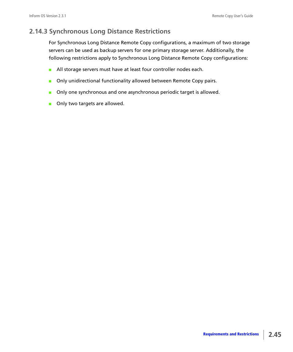 3 synchronous long distance restrictions, Synchronous long distance restrictions | HP 3PAR Remote Copy Software User Manual | Page 61 / 344