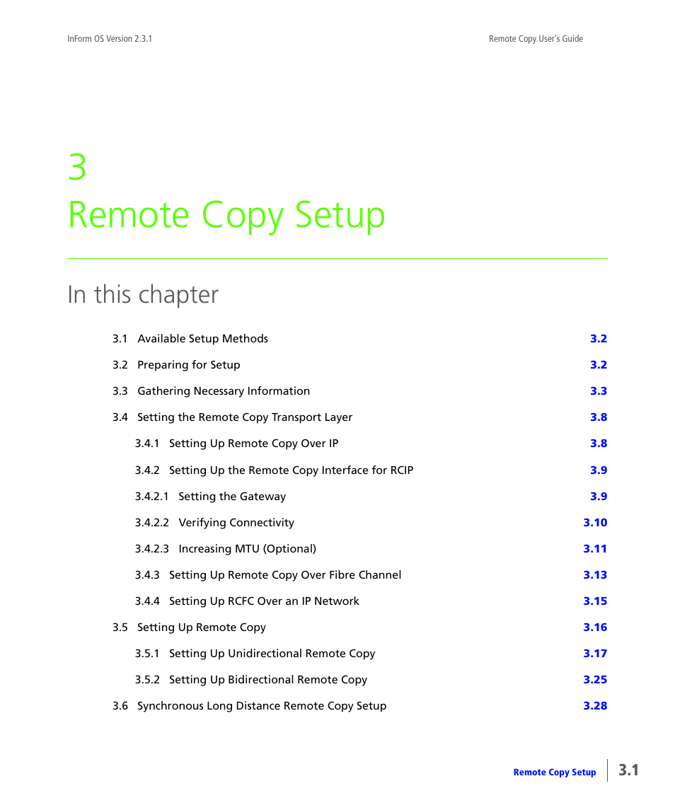 Remote copy setup, Chapter 3, remote copy setup, Chapter 3, remote copy | Setup, 3 remote copy setup | HP 3PAR Remote Copy Software User Manual | Page 63 / 344