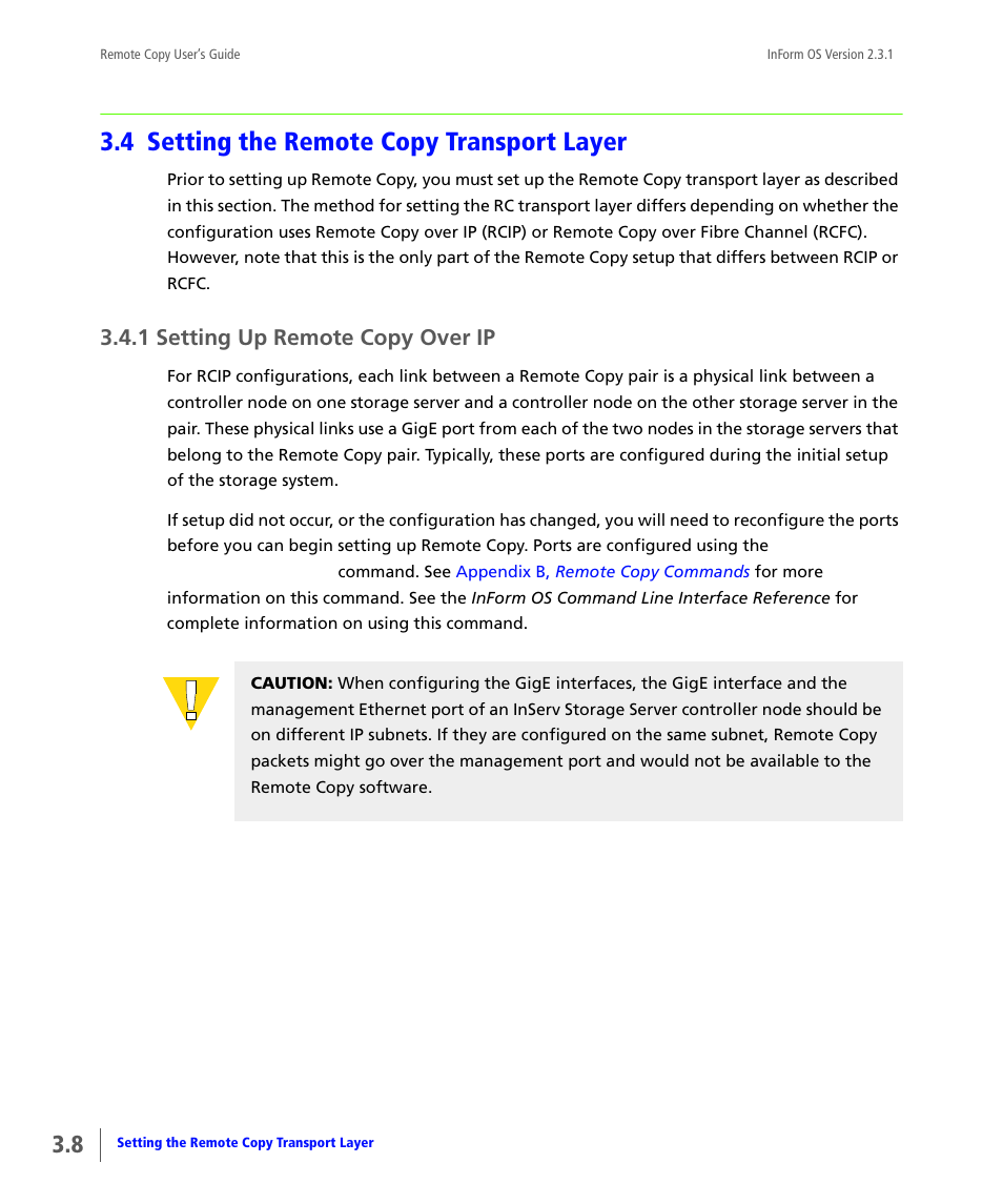 4 setting the remote copy transport layer, 1 setting up remote copy over ip, Setting the remote copy transport layer | Setting up remote copy over ip | HP 3PAR Remote Copy Software User Manual | Page 70 / 344