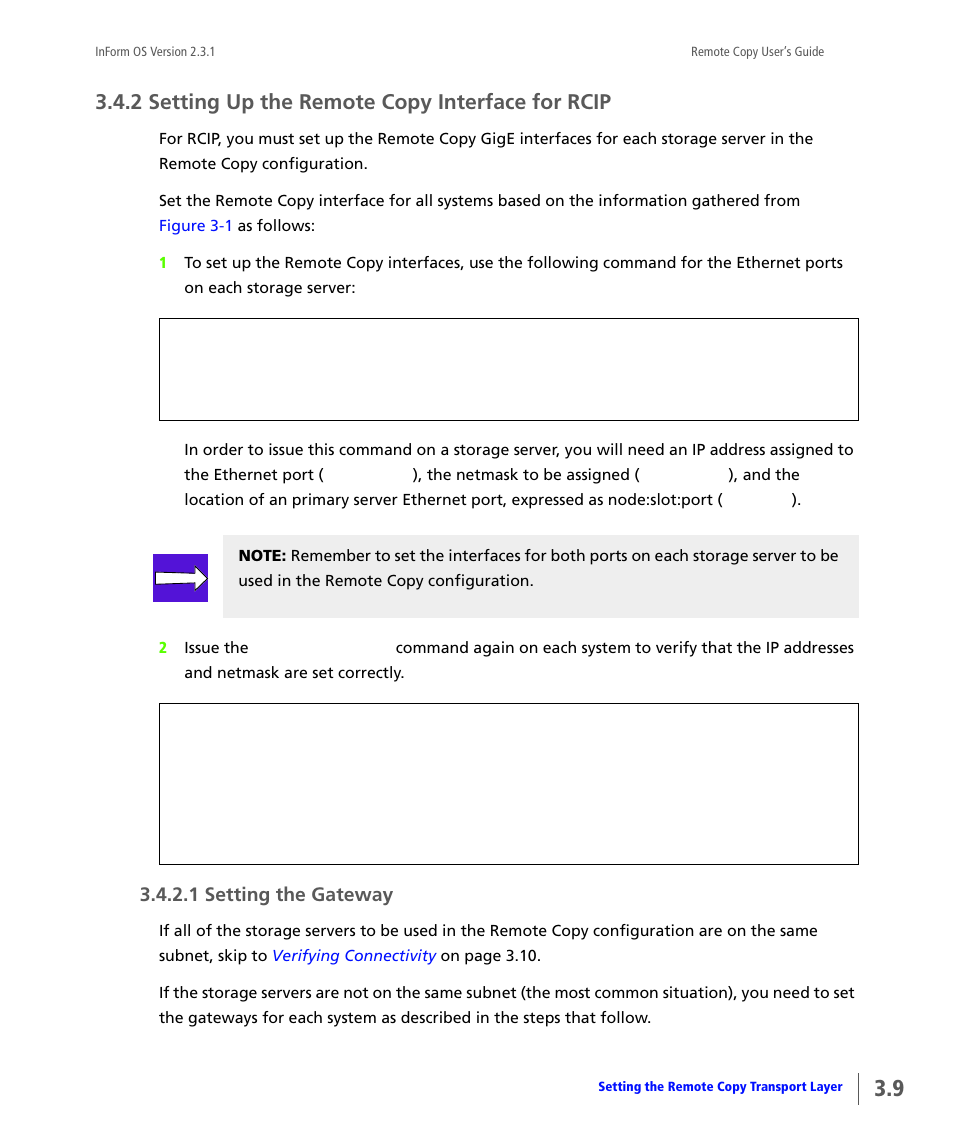 2 setting up the remote copy interface for rcip, Setting up the remote copy interface for rcip, Setting the gateway | 1 setting the gateway | HP 3PAR Remote Copy Software User Manual | Page 71 / 344