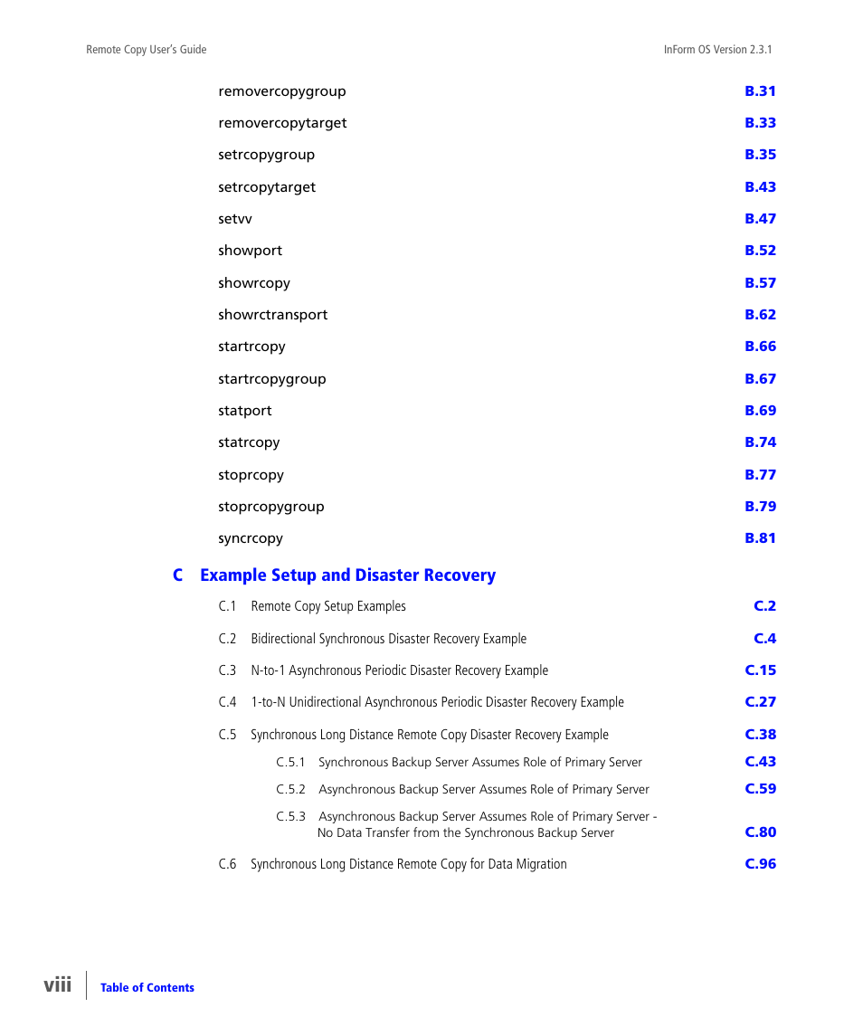 Viii, Cexample setup and disaster recovery | HP 3PAR Remote Copy Software User Manual | Page 8 / 344