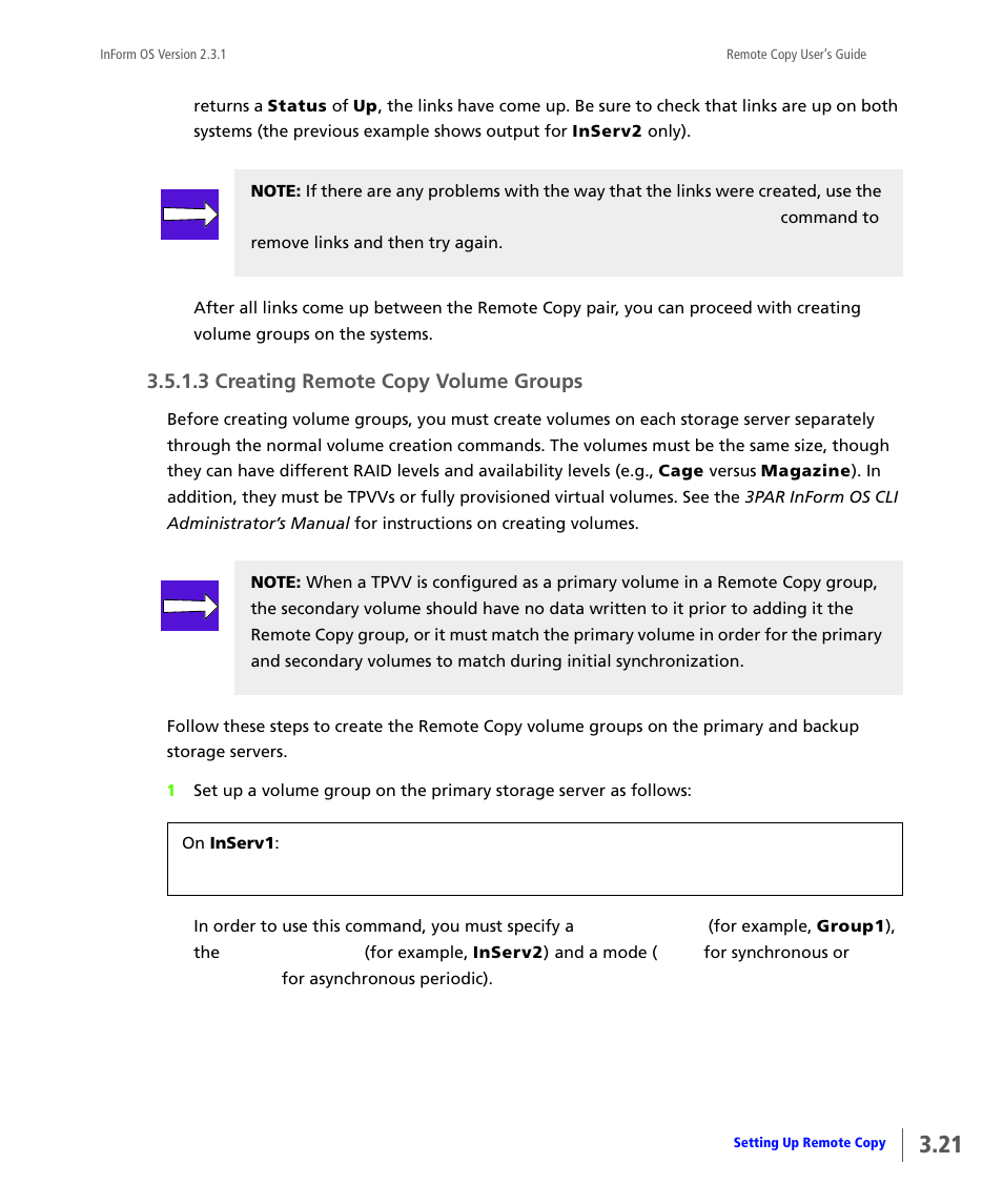 Creating remote copy volume groups, 3 creating remote copy volume groups | HP 3PAR Remote Copy Software User Manual | Page 83 / 344