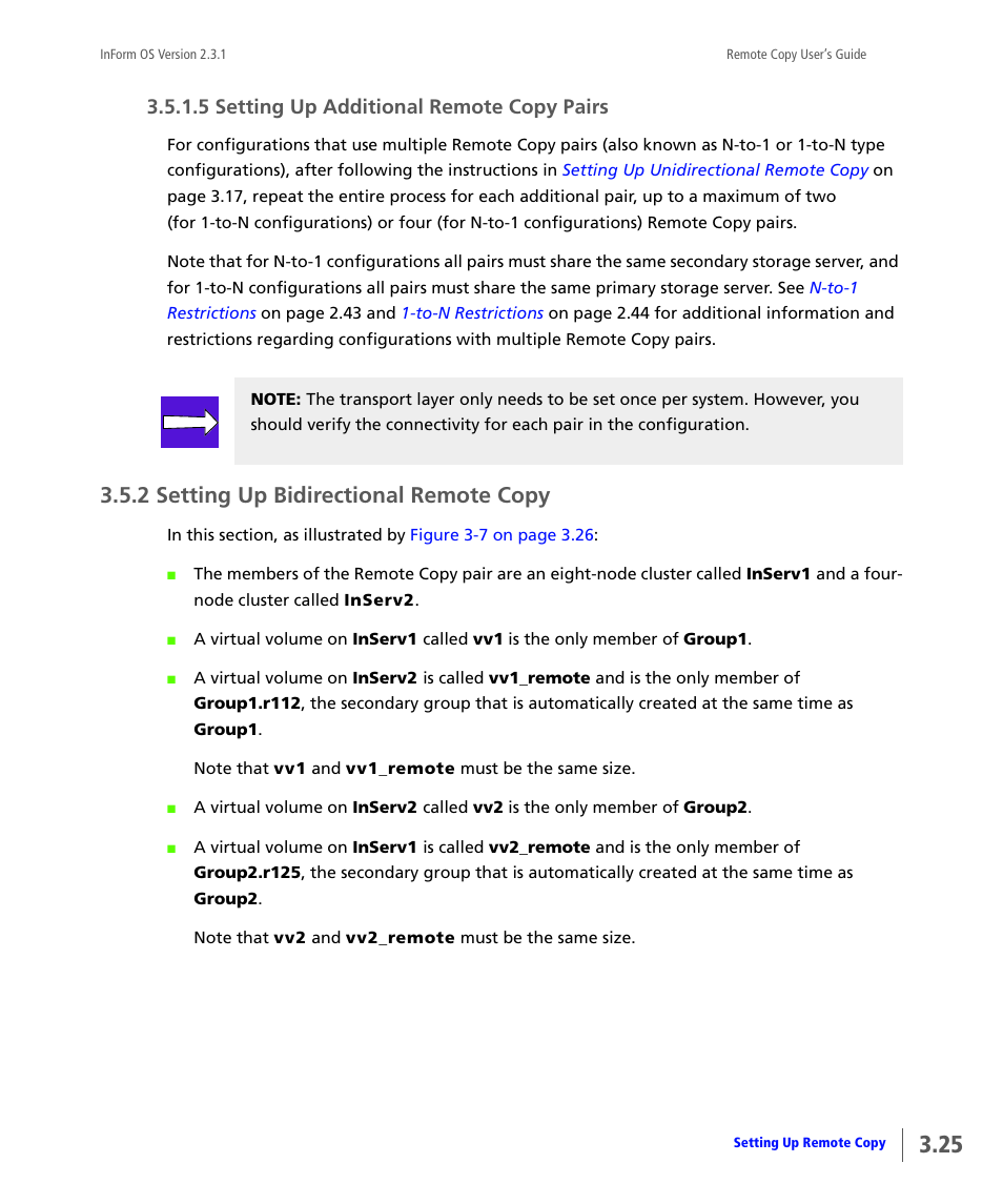 2 setting up bidirectional remote copy, Setting up additional remote copy pairs, Setting up bidirectional remote copy | Setting up, Bidirectional remote copy, 5 setting up additional remote copy pairs | HP 3PAR Remote Copy Software User Manual | Page 87 / 344