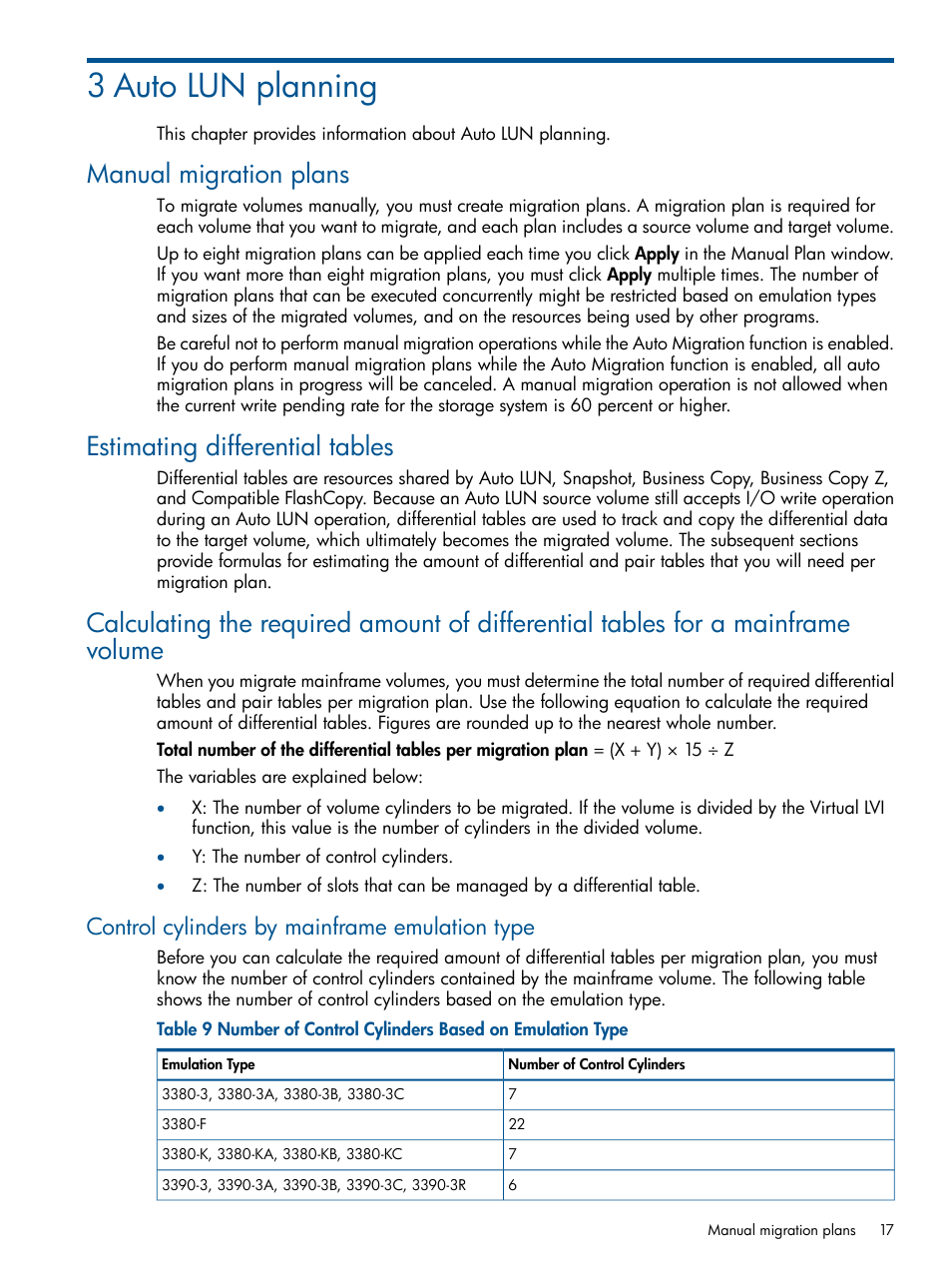 3 auto lun planning, Manual migration plans, Estimating differential tables | Control cylinders by mainframe emulation type | HP XP P9000 Auto LUN Software User Manual | Page 17 / 66