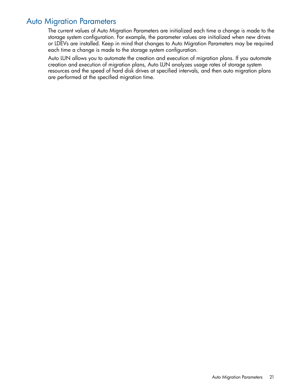 Auto migration parameters | HP XP P9000 Auto LUN Software User Manual | Page 21 / 66