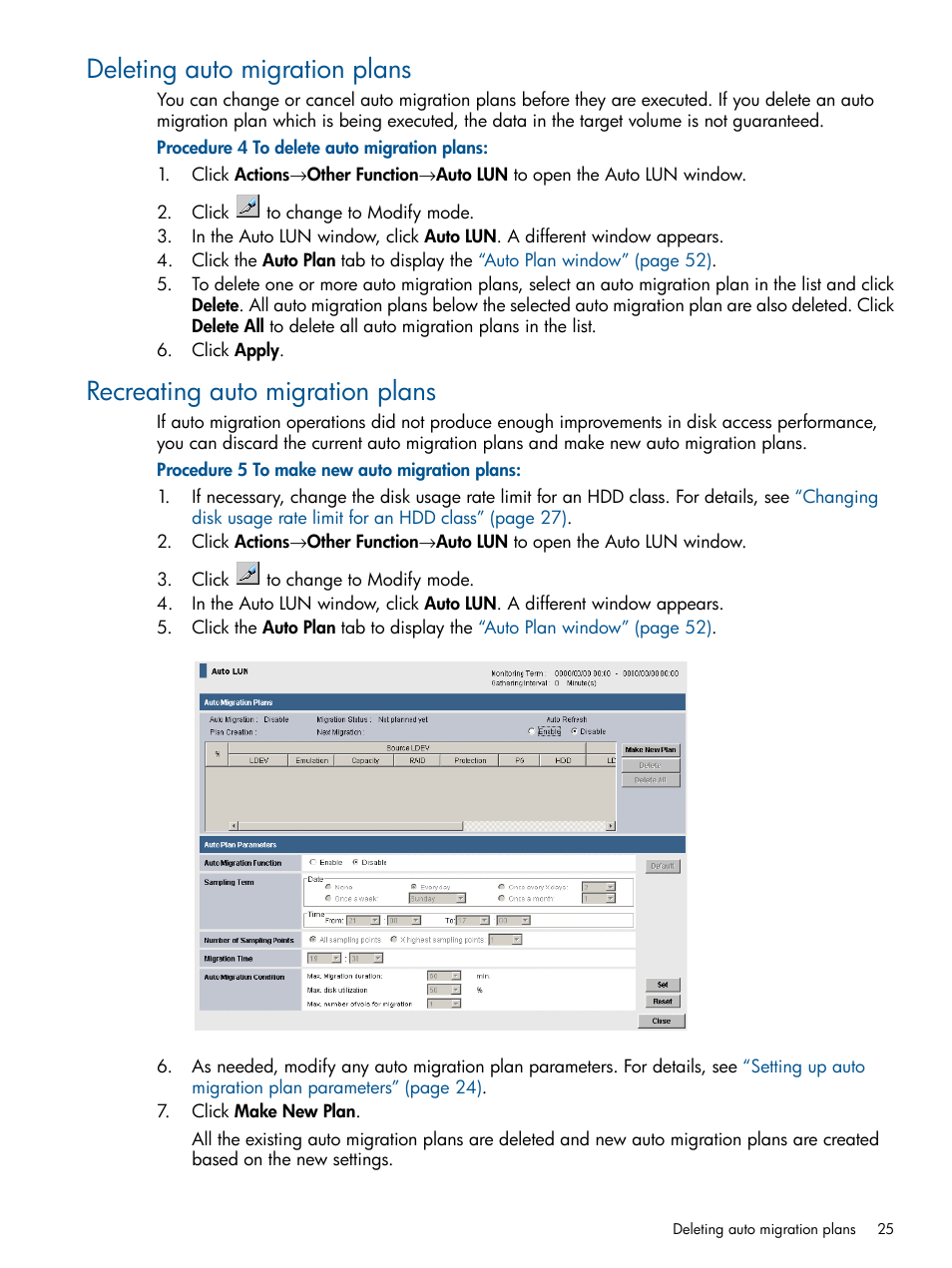 Deleting auto migration plans, Recreating auto migration plans | HP XP P9000 Auto LUN Software User Manual | Page 25 / 66