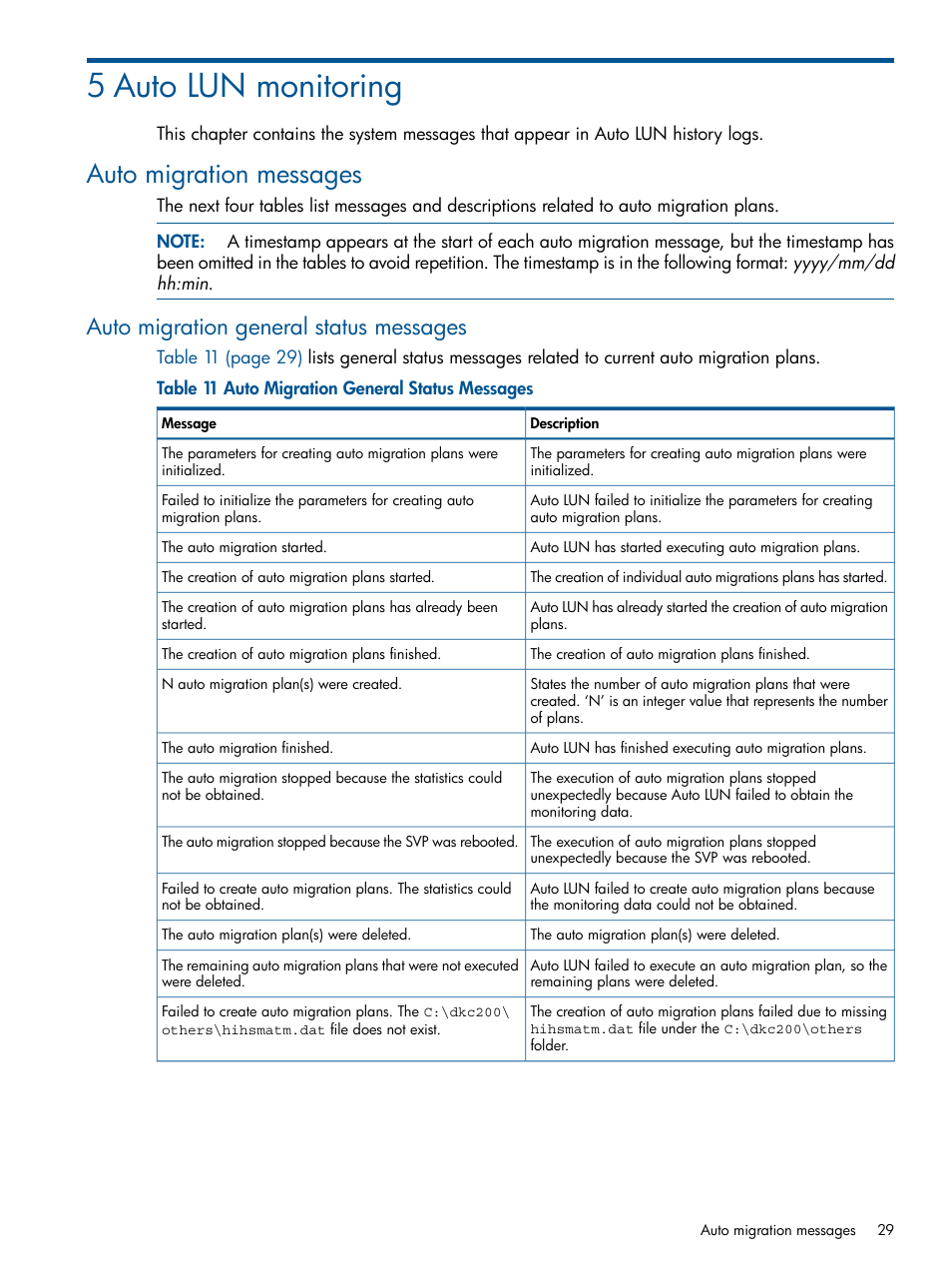 5 auto lun monitoring, Auto migration messages, Auto migration general status messages | HP XP P9000 Auto LUN Software User Manual | Page 29 / 66