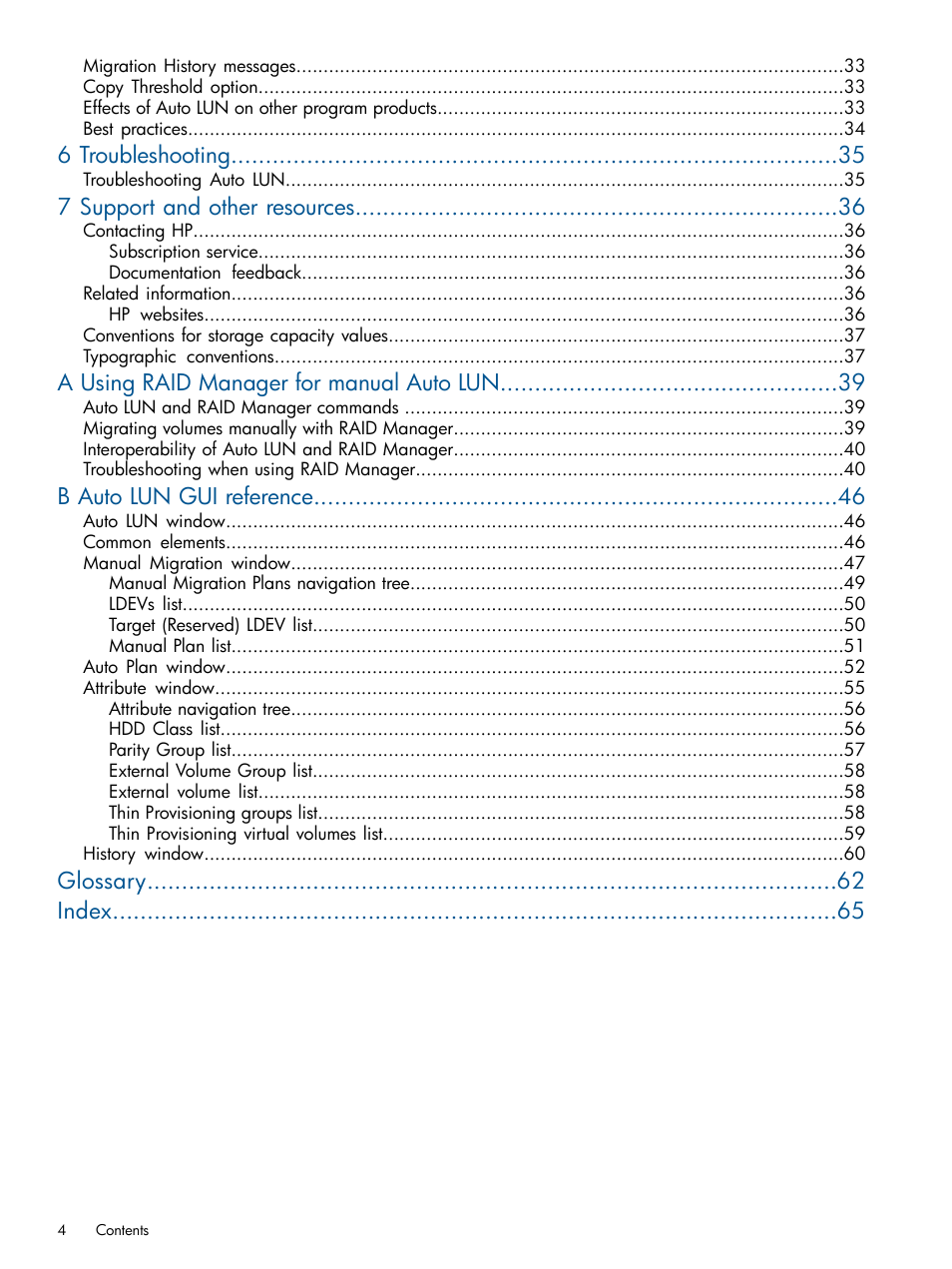 6 troubleshooting, 7 support and other resources, A using raid manager for manual auto lun | B auto lun gui reference, Glossary index | HP XP P9000 Auto LUN Software User Manual | Page 4 / 66