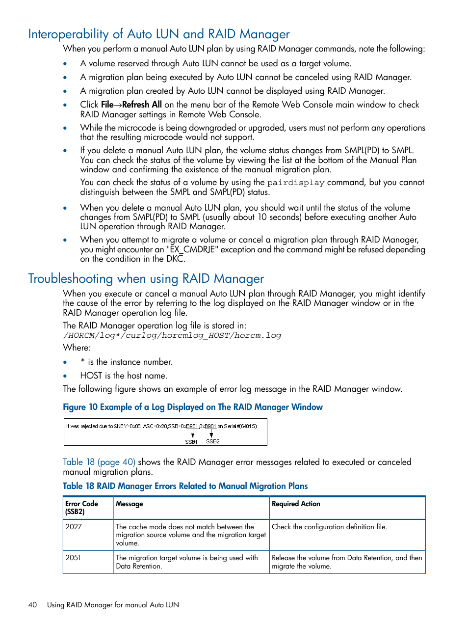 Interoperability of auto lun and raid manager, Troubleshooting when using raid manager | HP XP P9000 Auto LUN Software User Manual | Page 40 / 66