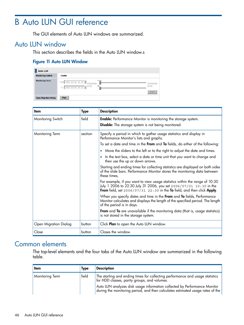 B auto lun gui reference, Auto lun window, Common elements | Auto lun window common elements | HP XP P9000 Auto LUN Software User Manual | Page 46 / 66