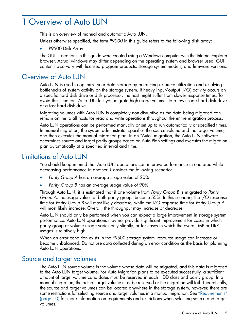 1 overview of auto lun, Overview of auto lun, Limitations of auto lun | Source and target volumes | HP XP P9000 Auto LUN Software User Manual | Page 5 / 66