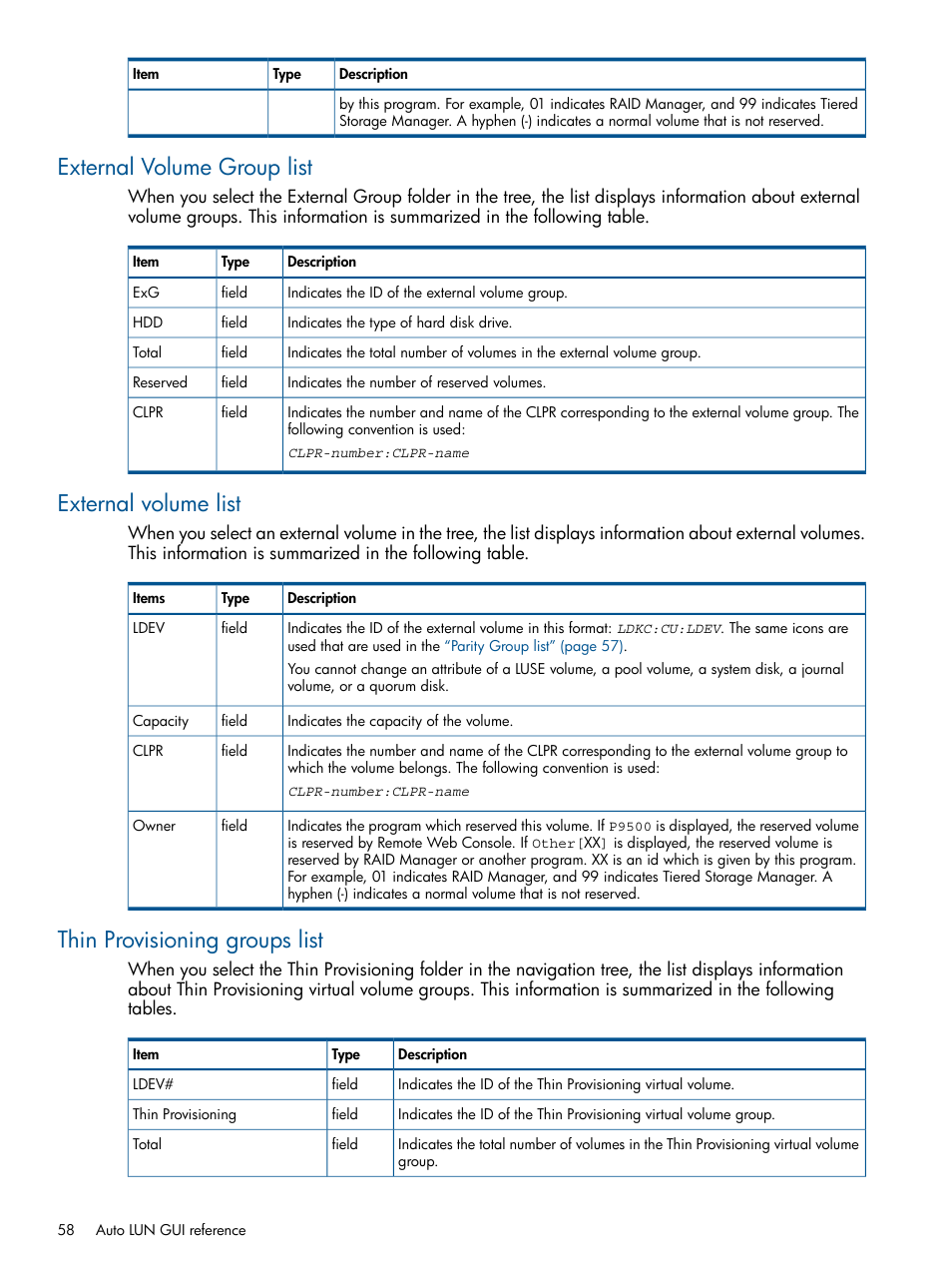 External volume group list, External volume list, Thin provisioning groups list | HP XP P9000 Auto LUN Software User Manual | Page 58 / 66