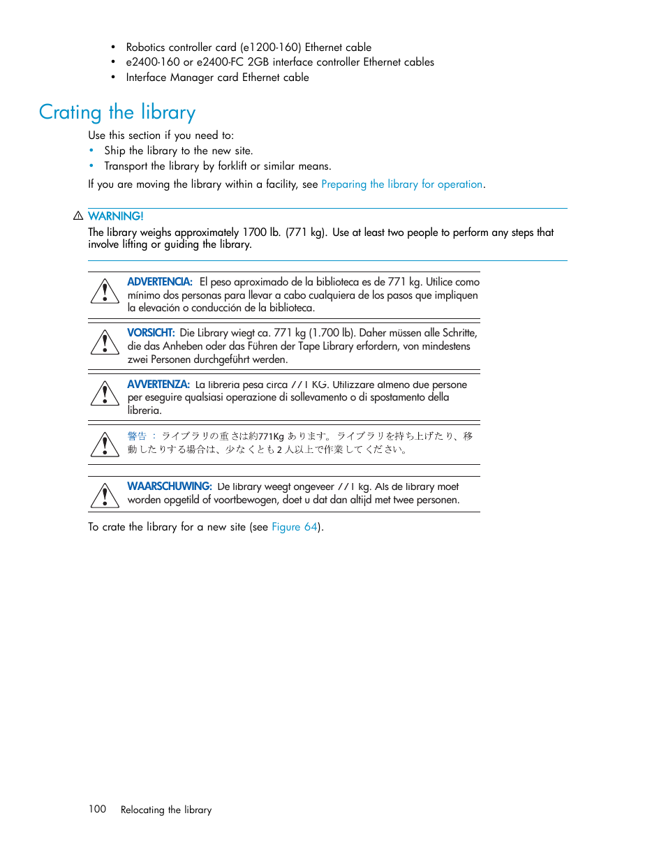 Crating the library | HP ESL E-series Tape Libraries User Manual | Page 100 / 141