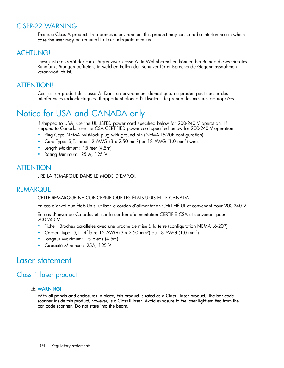 Cispr-22 warning, Achtung, Attention | Notice for usa and canada only, Remarque, Laser statement, Class 1 laser product | HP ESL E-series Tape Libraries User Manual | Page 104 / 141
