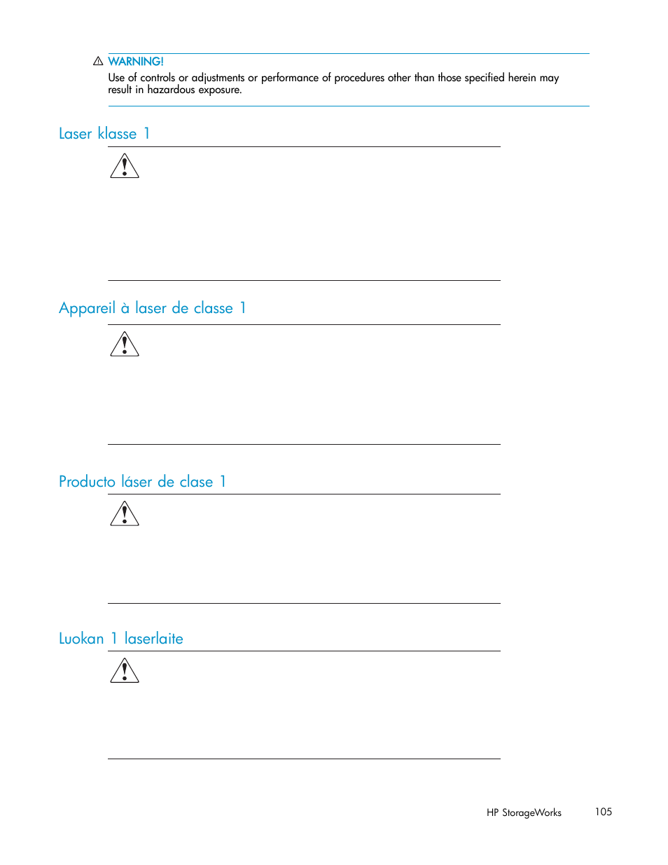 Laser klasse 1, Appareil à laser de classe 1, Producto láser de clase 1 | Luokan 1 laserlaite | HP ESL E-series Tape Libraries User Manual | Page 105 / 141