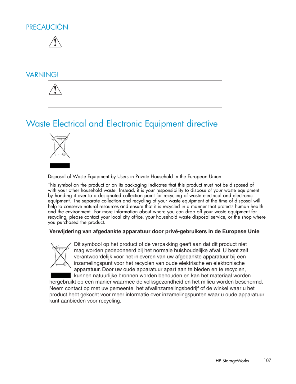 Precaución, Varning | HP ESL E-series Tape Libraries User Manual | Page 107 / 141