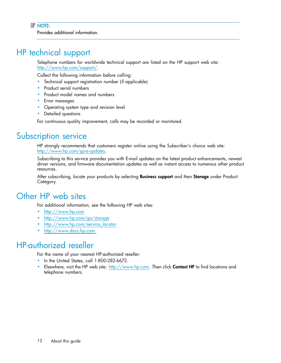 Hp technical support, Subscription service, Other hp web sites | Hp-authorized reseller | HP ESL E-series Tape Libraries User Manual | Page 12 / 141