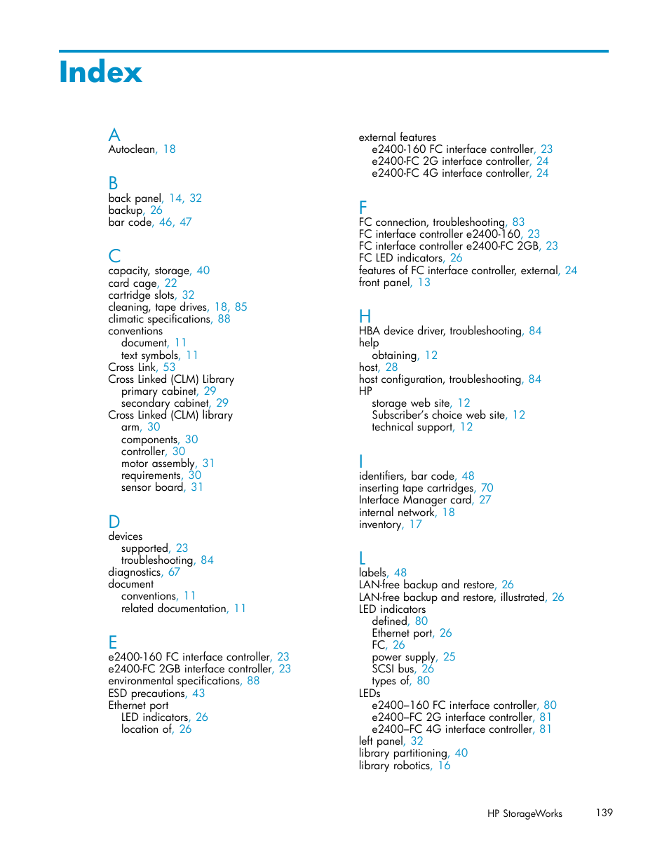 Index | HP ESL E-series Tape Libraries User Manual | Page 139 / 141