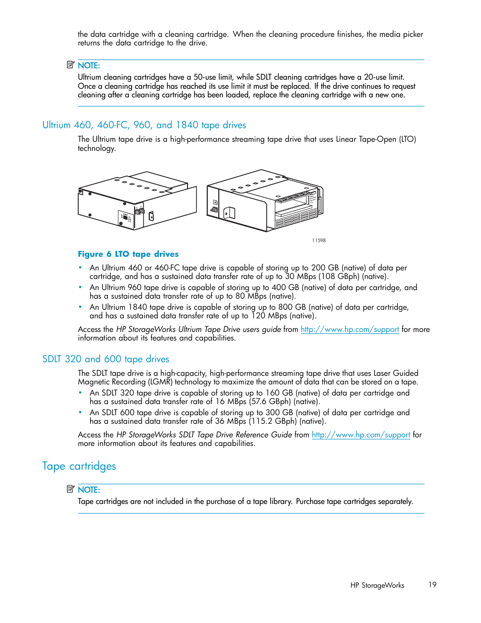 Ultrium 460, 460-fc, 960, and 1840 tape drives, Sdlt 320 and 600 tape drives, Tape cartridges | 6 lto tape drives, Tape catridges | HP ESL E-series Tape Libraries User Manual | Page 19 / 141